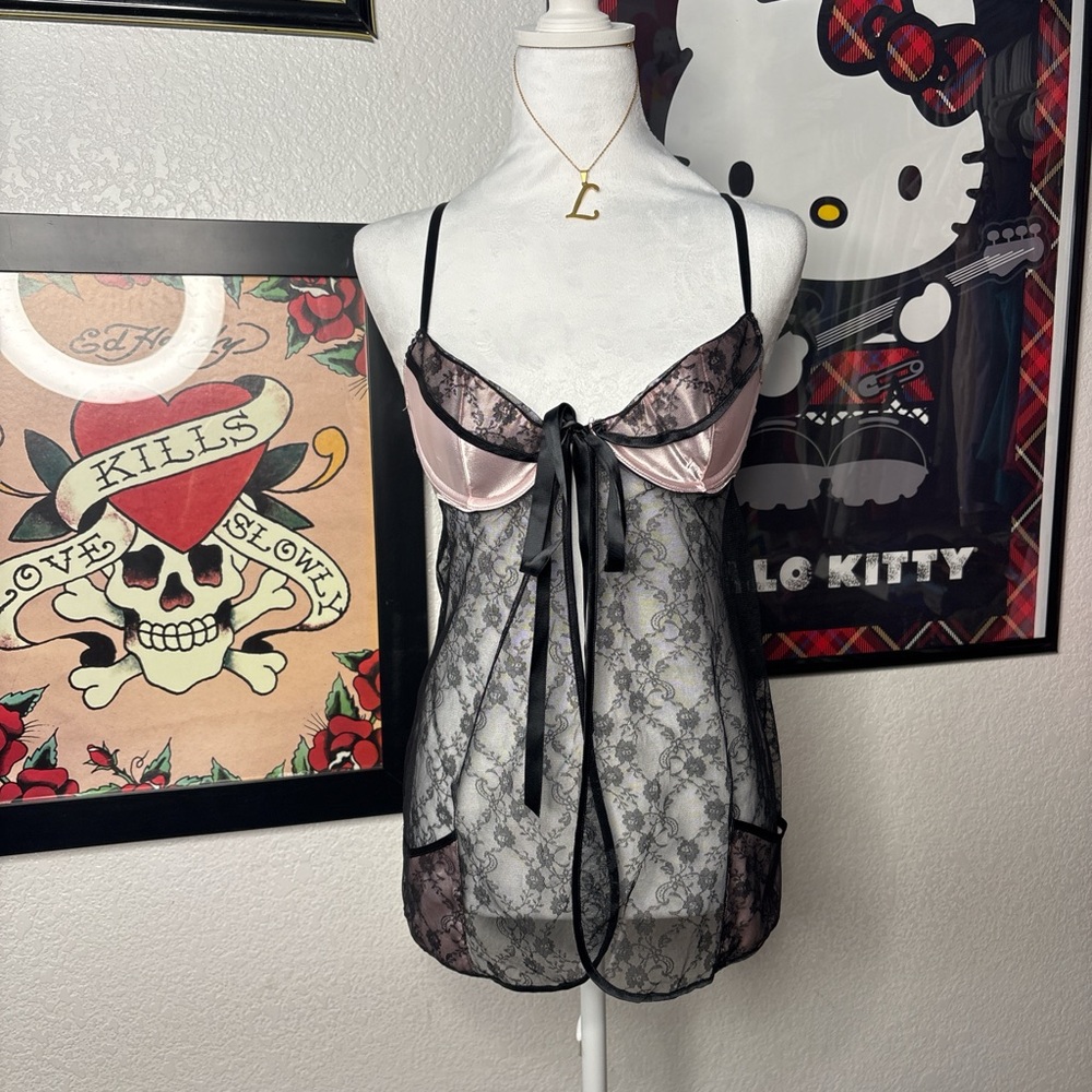 Victoria’s Secret Pink Black Satin Lace Babydoll Tie Front Coquette Y2K Fairy